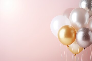 Shiny pink, silver and golden glitter balloons on light soft pastel background with copy space