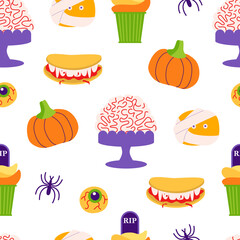 Zombie monster food seamless pattern, background. Dish for Halloween party, weird food. Scary Halloween meal. Brains, Mummy cookies, vampire sweets, graveyard cupcake, pumpkins.