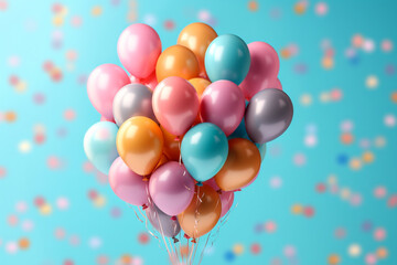 Birthday, Valentine's day, anniversary celebration concept. Various classic shape and soft pastel colored flying balloons on plain studio background with copy space. Generative AI