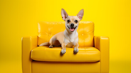 A little dog lies on a yellow couch and a yellow background