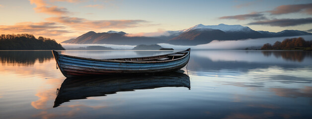 Beautiful isolated fishing boat floating on a blue calm river side - Powered by Adobe