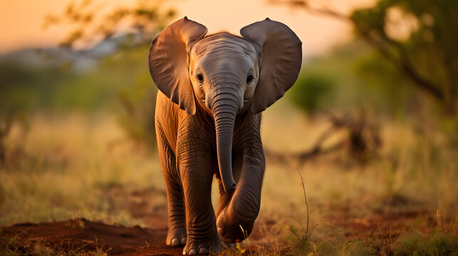 Fototapeta A baby elephant walks alone on safari