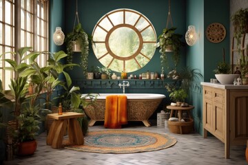 Cozy and comfortable bathroom with interior in bohemian style render