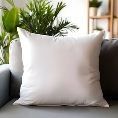 Blank white square Pillow Mockup, living room Background, Product photography, monstera and palm leaves plants, minimalistic, bokeh, sofa