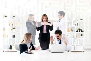 Angry boss yelling at employees during the discussion and they imagining their revenge