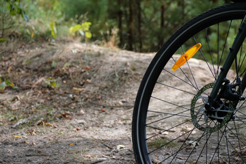 Bike reflector. Bicycle wheel on a background of wildlife. Sustainable lifestyle. Copy space. 