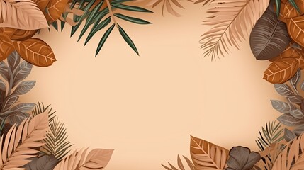Fototapeta na wymiar Brown background with brown tropical leaves, with empty space in the middle. It's perfect for creating summer-themed designs, tropical party invitations, or dynamic social media posts