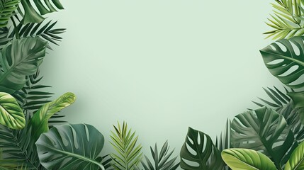 Green leaves on a light green background, with empty space for writing or placing objects in the center