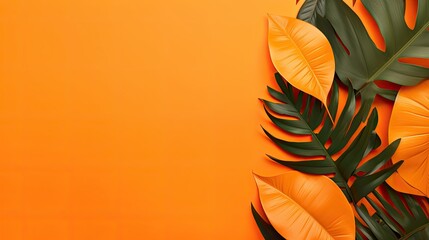 Tropical leaves on orange background is a vibrant and colorful design asset suitable for tropical...