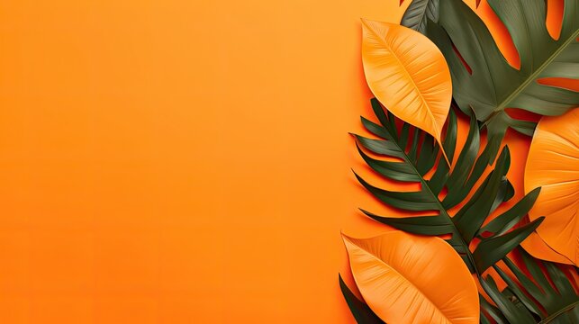 Fototapeta Tropical leaves on orange background is a vibrant and colorful design asset suitable for tropical themed projects, summer illustrations, and nature-inspired graphic designs