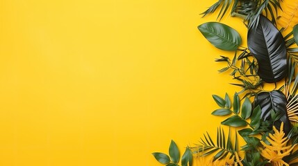 Yellow background with tropical leaves, with free space for writing or placing objects on the left. Perfect for designing summer-themed invitations, posters, or digital marketing materials