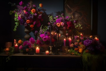 Beautiful floral display exuding artistic details, muted tones, rich purples, whimsical adornments, and vibrant neon accents. Generative AI