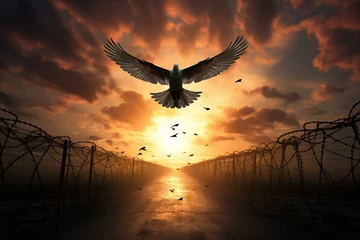 Foto op Plexiglas The liberation concept, as a fence grid transforms into a dove, flies away, and escapes into the sunset. Generative AI © Kael