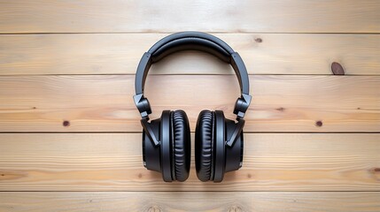 Black wireless headphones on wooden surface