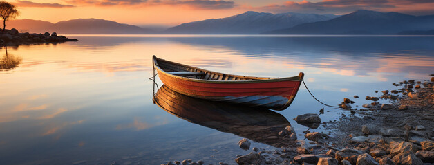 wide photograph of an Isolated fishing boat floating on a  calm river in the evening - obrazy, fototapety, plakaty