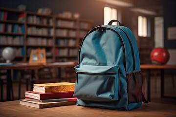 Back To School concept.Backpack on the desk in the school classroom