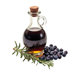 front view close up of Juniper Berry oil with ingredients isolated on a white transparent background