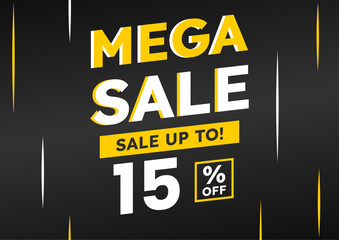 mega sale black banner. up to 15% off. Super Sale, special offer banner