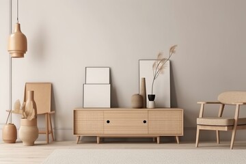 A modern Scandinavian-style interior showcases a mock-up furniture design against a beige background. Generative AI