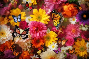 A vibrant mix of colorful flowers and graceful butterflies during the refreshing spring season. Generative AI