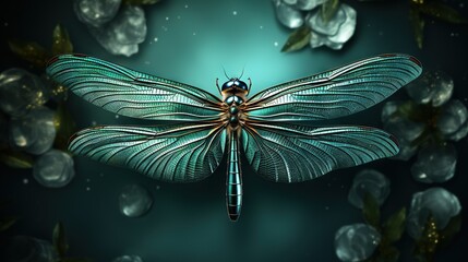 Fototapeta na wymiar a blue dragonfly flying through a blue sky filled with bubbles. generative ai