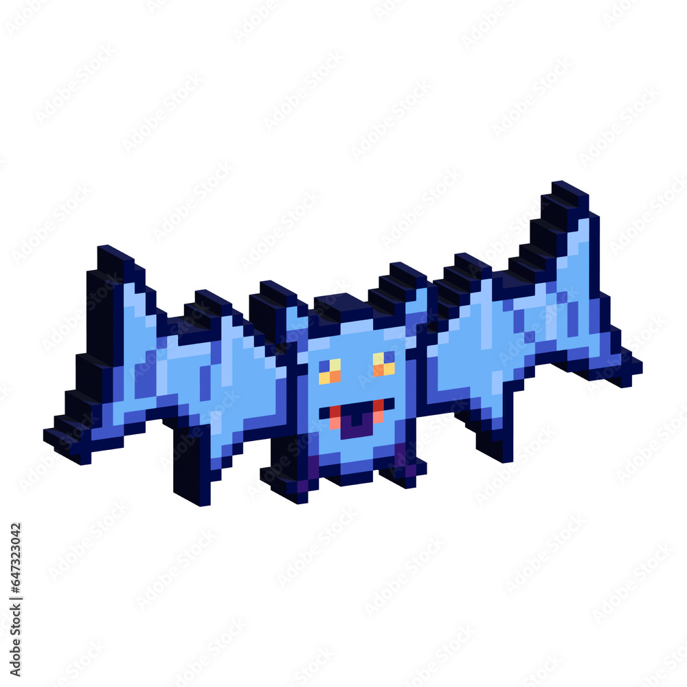 Poster isometric pixel art 3d of bat for items asset. simple 3d of blue bat on pixelated style.8bits perfec