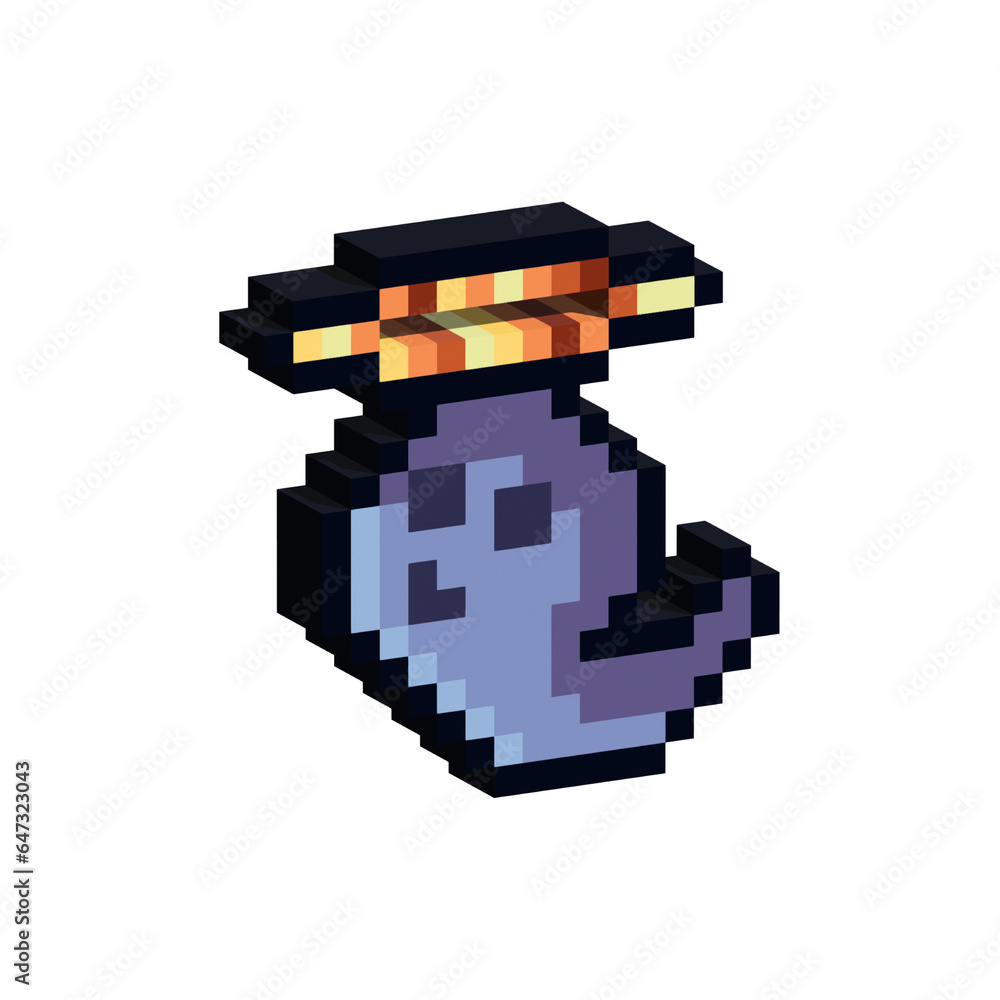 Poster isometric pixel art 3d of ghost halloween with angle ring for items asset. simple 3d of halloween on