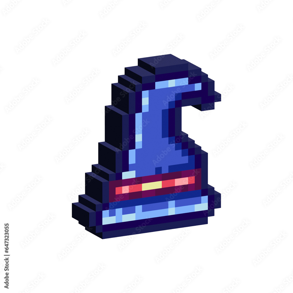 Poster isometric pixel art 3d of witch hat for items asset. simple 3d of blue witch magic hat on pixelated 