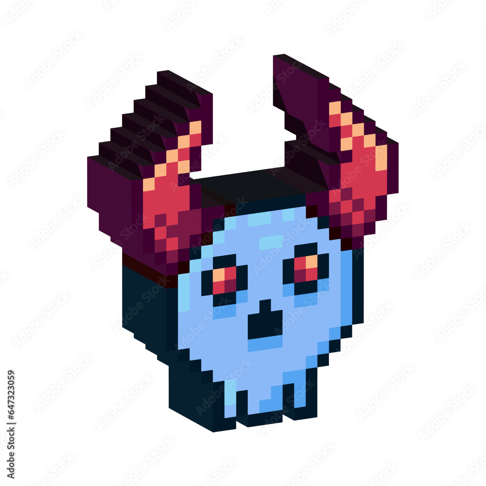 Poster isometric pixel art 3d of skull bones with red horn for items asset. simple 3d of scarry bones horn 