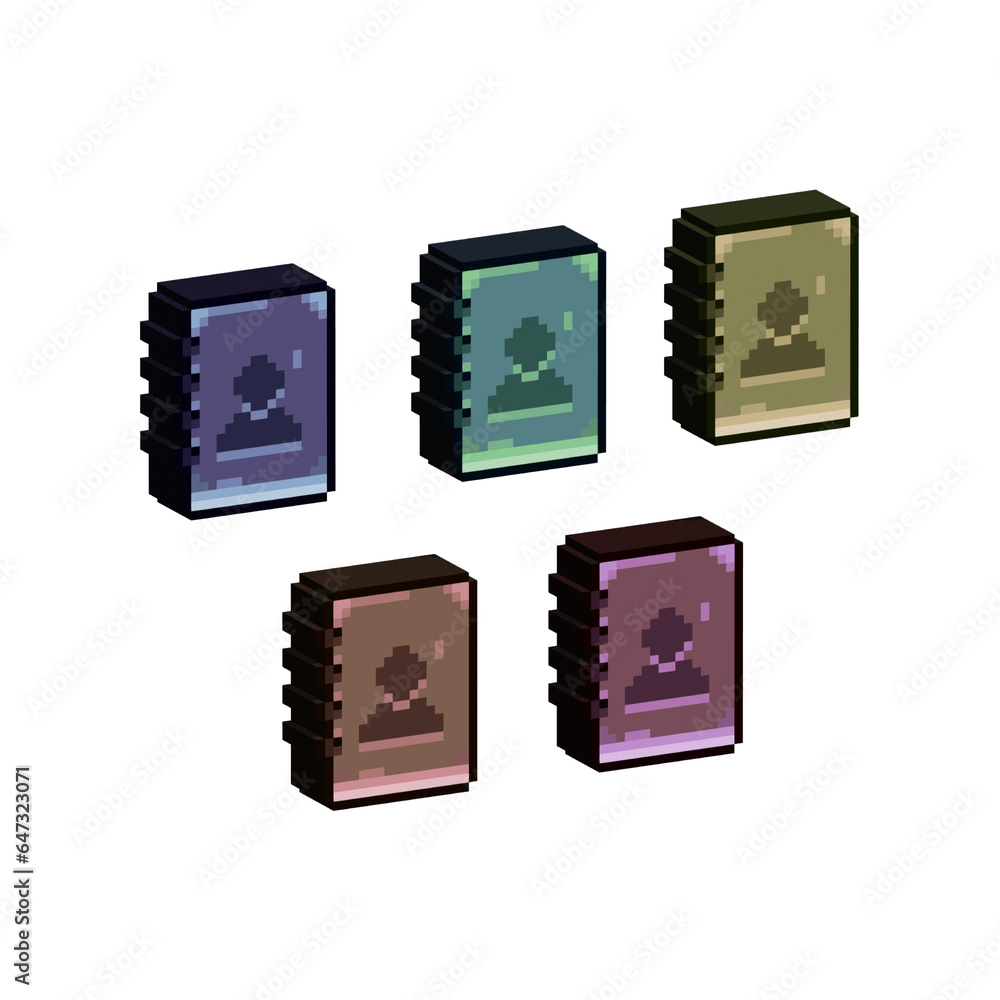 Poster isometric pixel art 3d of books with personal profile for items asset. simple 3d of book on pixelate