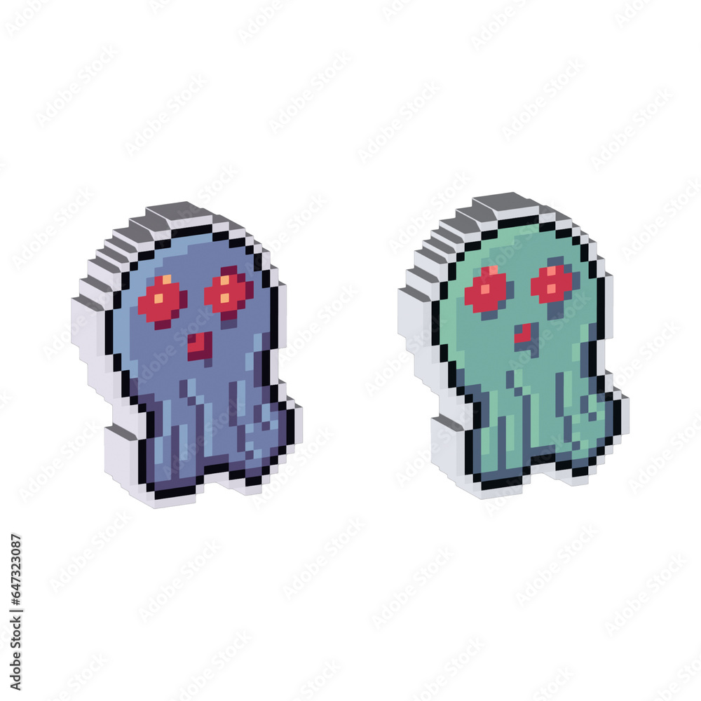 Poster isometric pixel art 3d of ghost halloween for items asset. simple 3d of halloween ghost on pixelated
