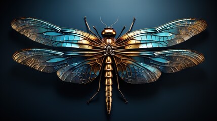 Fototapeta na wymiar a blue and gold insect with wings spread out on a black background. generative ai