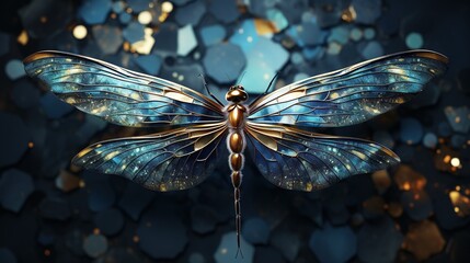 Fototapeta na wymiar a blue and gold dragonfly sitting on top of a blue background. generative ai