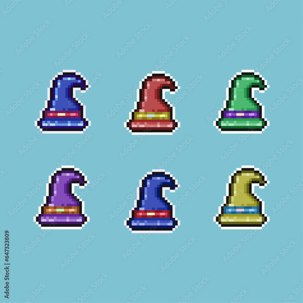 Poster pixel art sets of witch hat halloween with variation color items asset. simple witch hat magic items