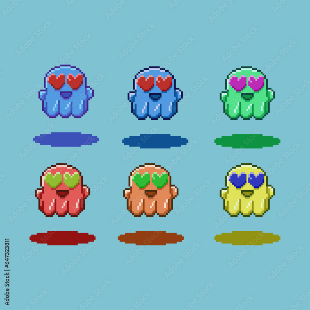 Poster pixel art sets of cute ghost with variation color items asset. simple ghost with love eyes items on 
