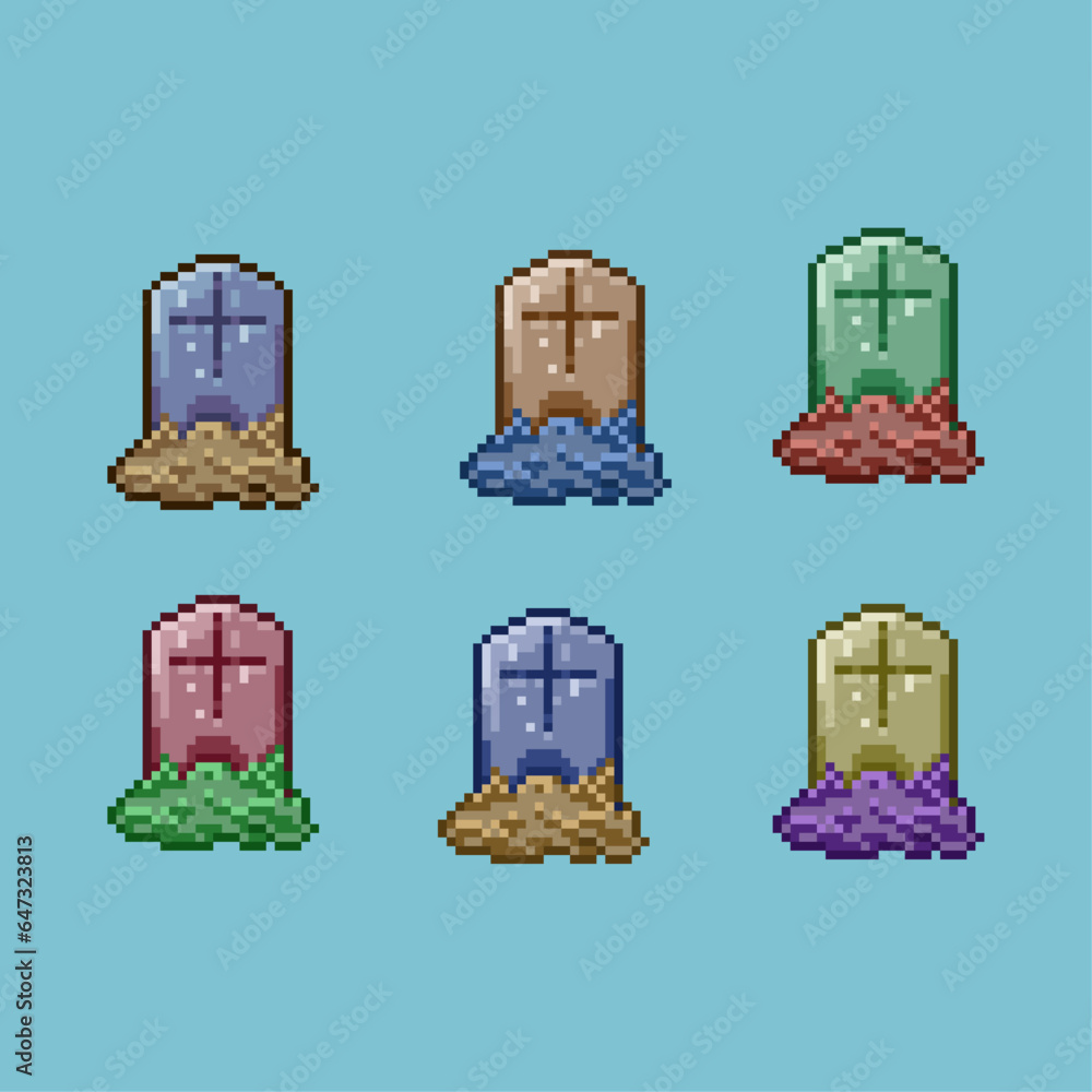 Poster pixel art sets of grave with variation color items asset. simple rip grave for dugeon items on pixel