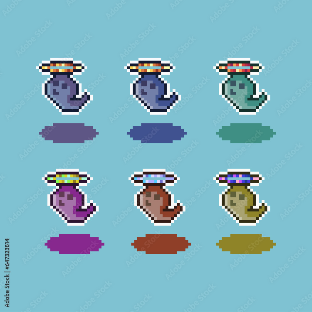 Poster pixel art sets of ghost with angle rings with variation color items asset. simple for halloween item