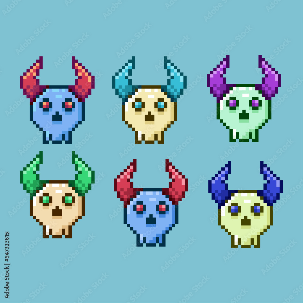 Poster pixel art sets of skull bones with horn with variation color items asset. simple for dugeon items on