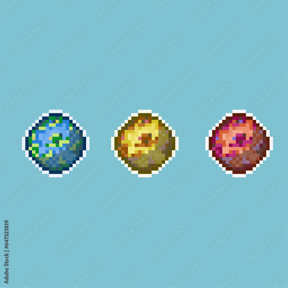 Poster pixel art sets of small earth with variation color items asset. simple earth for dugeon items on pix