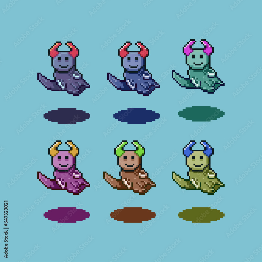 Poster pixel art sets of ghost character with horn with variation color items asset. simple for dugeon item