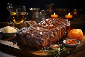 Fototapeta na wymiar Juicy beef steak with vegetables and herbs on a wooden board