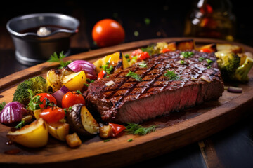 Juicy beef steak with vegetables on a wooden board