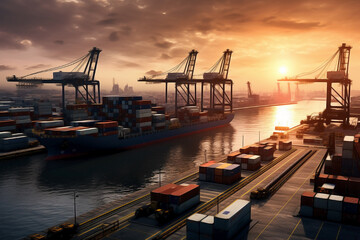 A picturesque harbor scene, where cargo ships and containers meet the sea.