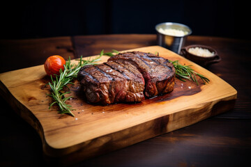 Juicy beef steak served on wooden board with herbs and spices