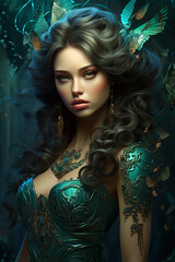 Turquoise Reverie: The Ethereal Lady Adorned with Floral and Lepidopteran Elegance. Generative AI