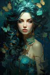 Turquoise Reverie: The Ethereal Lady Adorned with Floral and Lepidopteran Elegance. Generative AI