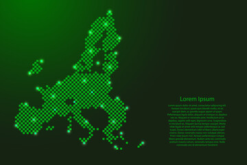 European Union countries map map from futuristic green checkered square grid pattern and glowing stars for banner, poster, greeting card