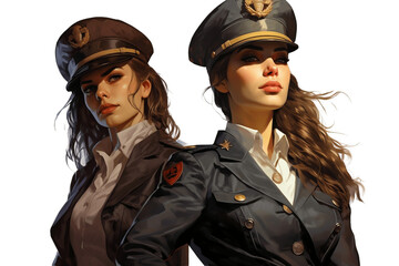 A Pair of Confident Female pilots isolated on a transparent background, Generative Ai