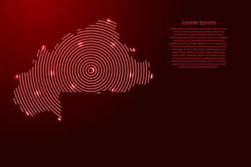 Burkina Faso map from futuristic concentric red circles and glowing stars for banner, poster, greeting card