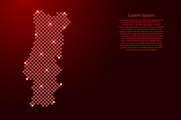Portugal map from futuristic red checkered square grid pattern and glowing stars for banner, poster, greeting card